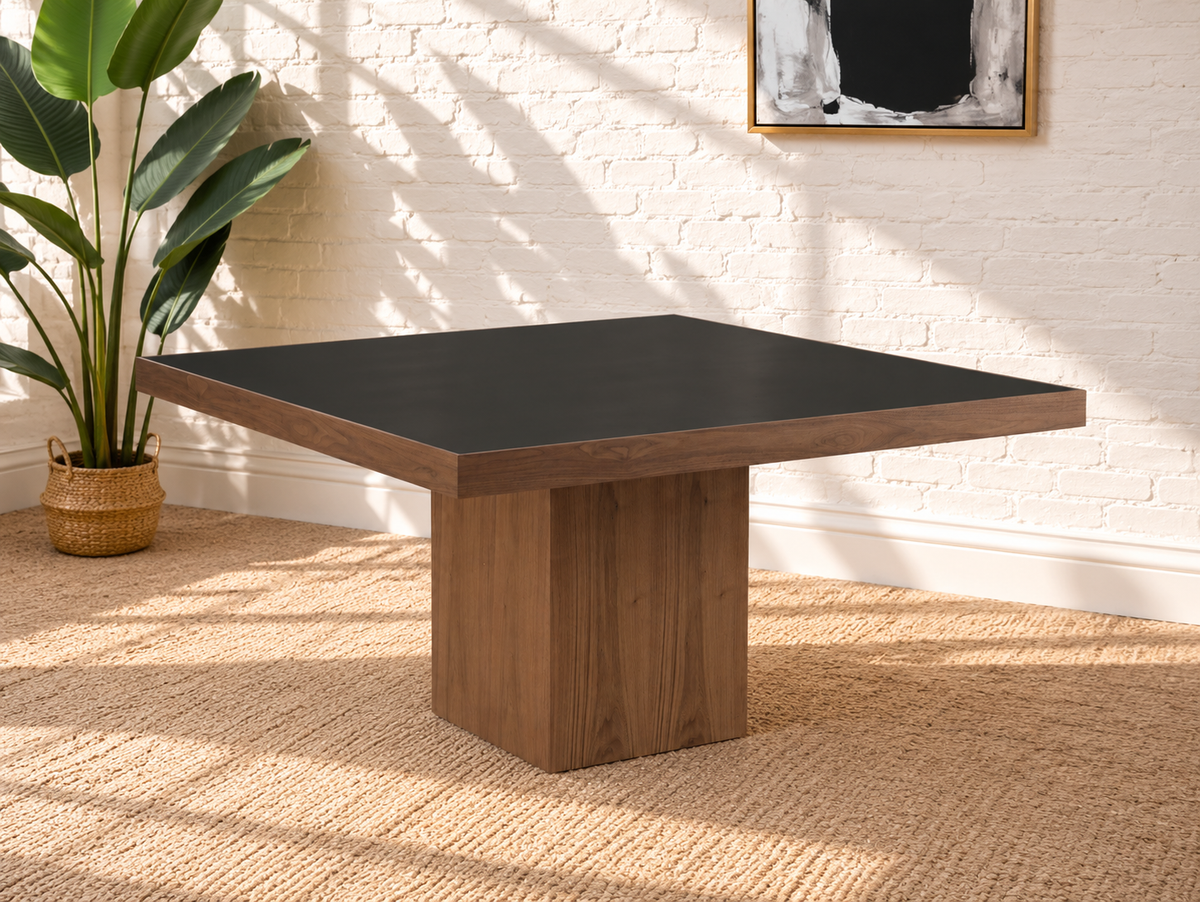 Kenji Square Glass and Wood Dining Table in Walnut Black