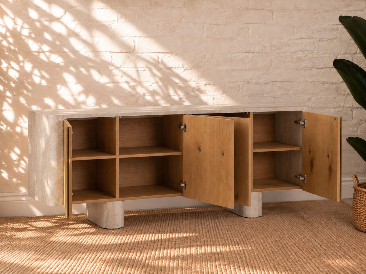 Marlee Faux Travertine Credenza in Natural Oak