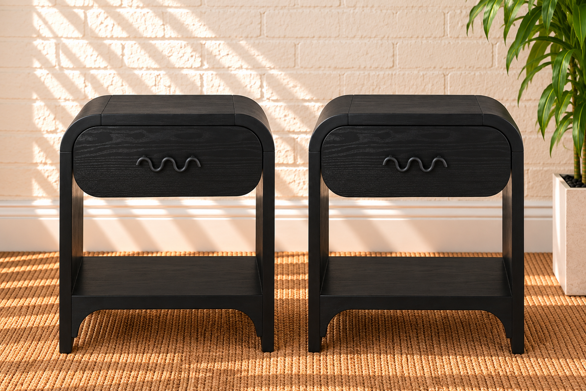 Pair of Byron Wood Nightstands with Drawer in Charcoal