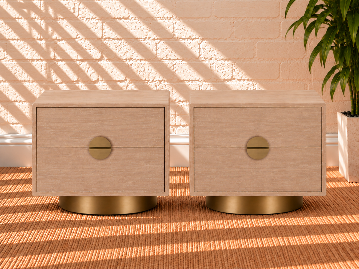 Pair of Jimena 2-Drawer Nightstands in Blonde Oak with Brass Metal Accents