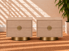 Pair of Jimena 2-Drawer Nightstands in Blonde Oak with Brass Metal Accents
