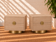 Pair of Jimena 2-Drawer Nightstands in Blonde Oak with Brass Metal Accents