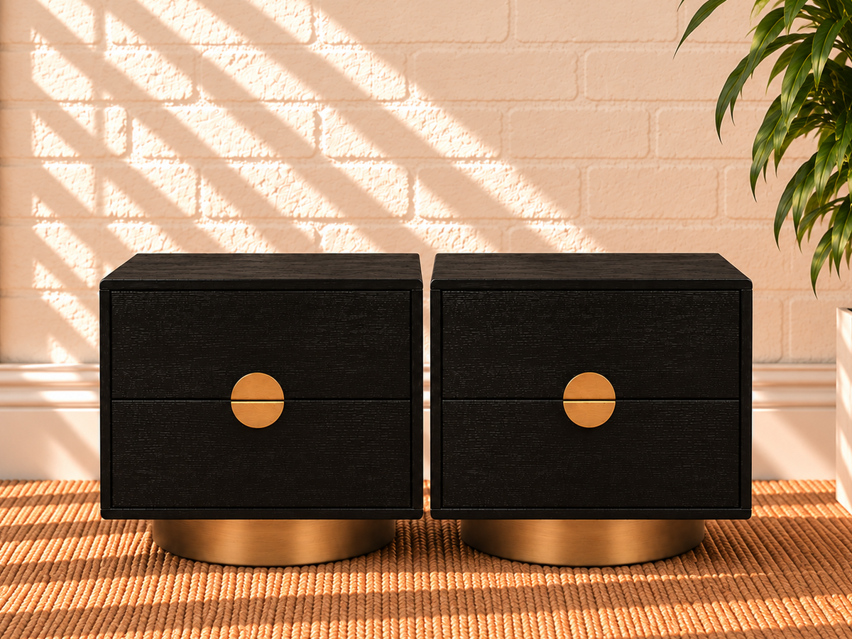 Pair of Jimena 2-Drawer Nightstands in Charcoal with Brass Metal Accents