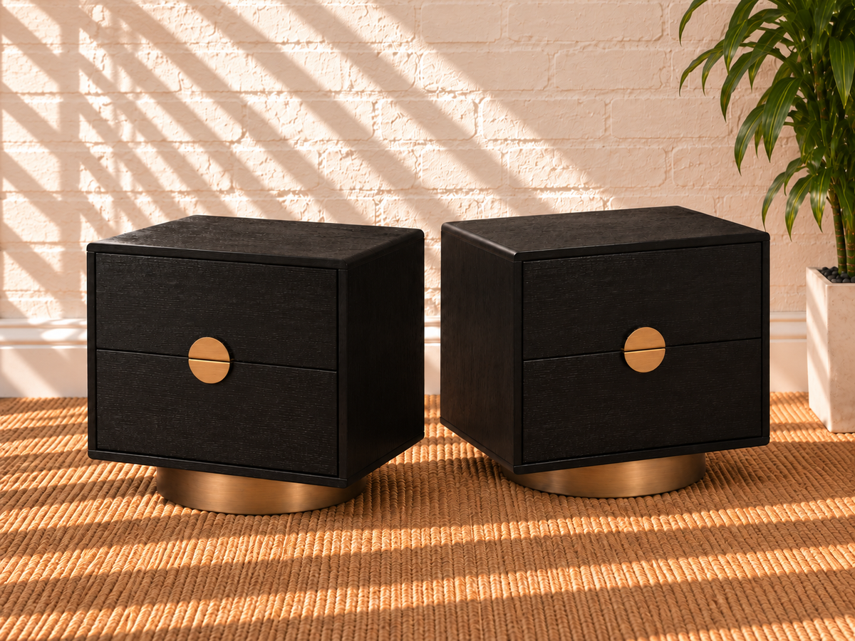 Pair of Jimena 2-Drawer Nightstands in Charcoal with Brass Metal Accents