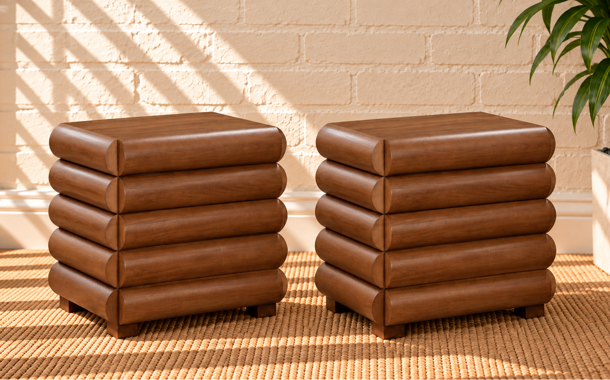 Pair of Sylvan Fluted Walnut Nightstands with Drawer in Natural Brown