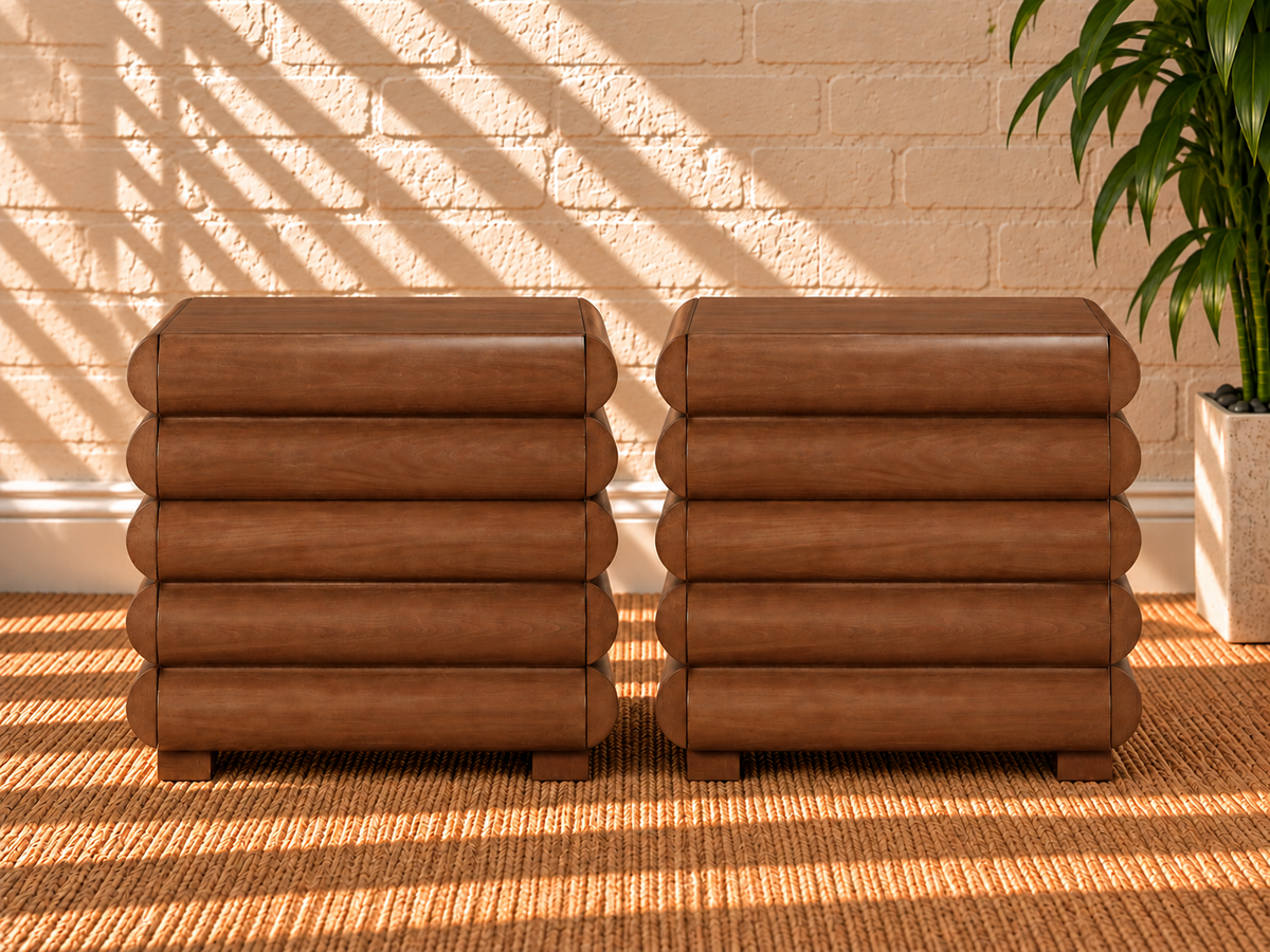 Pair of Sylvan Fluted Walnut Nightstands with Drawer in Natural Brown