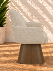 Rivas Ivory Upholstered Swivel Dining Armchair with Natural Walnut Base