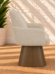 Rivas Ivory Upholstered Swivel Dining Armchair with Natural Walnut Base