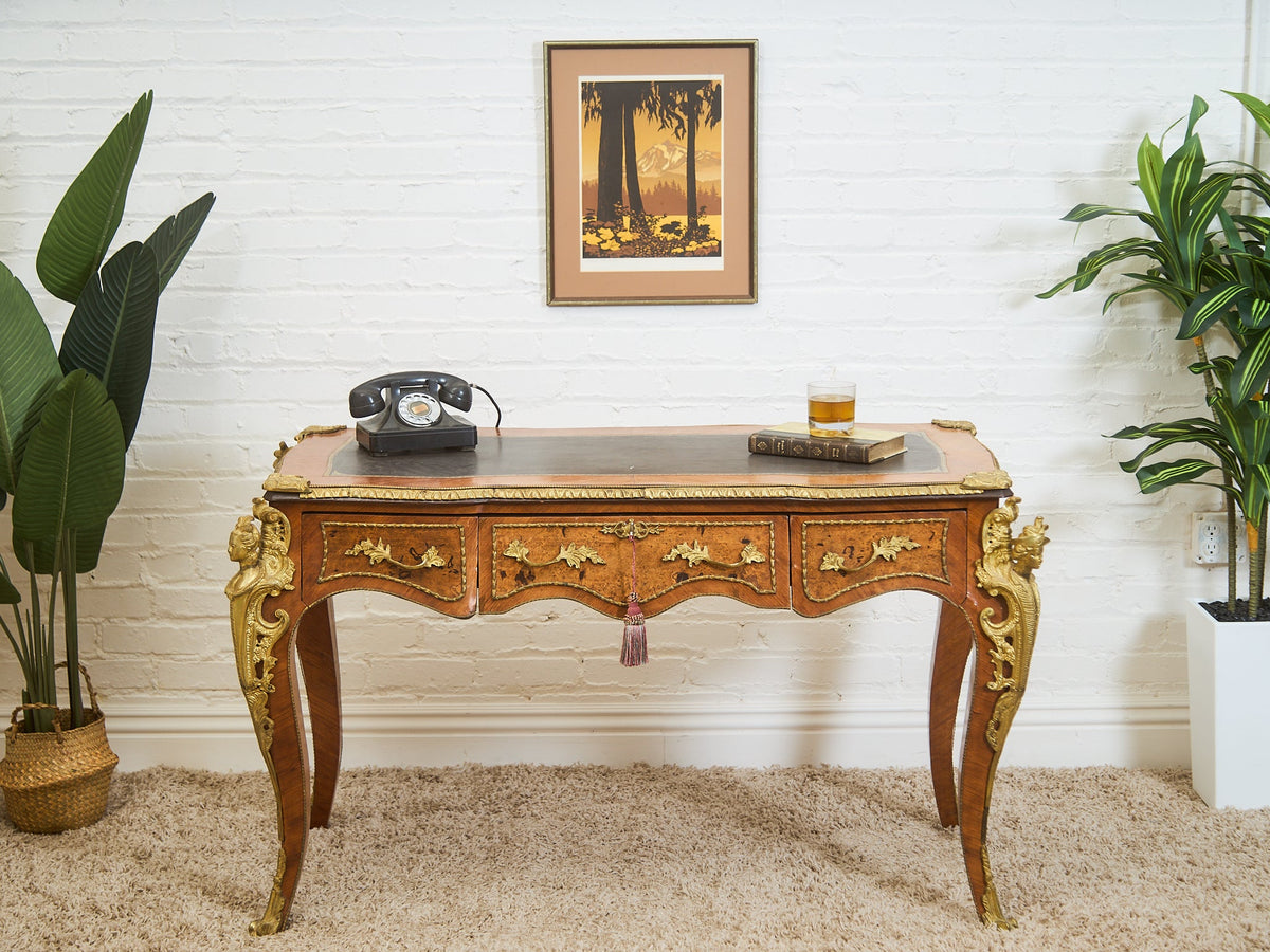 19th Century Antique Louis XV Style Bureau Plat Writing Table Bronze