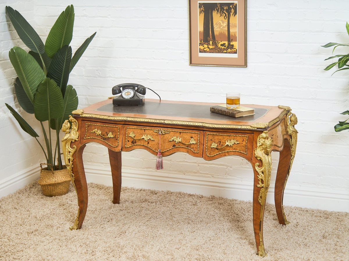 19th Century Antique Louis XV Style Bureau Plat Writing Table Bronze