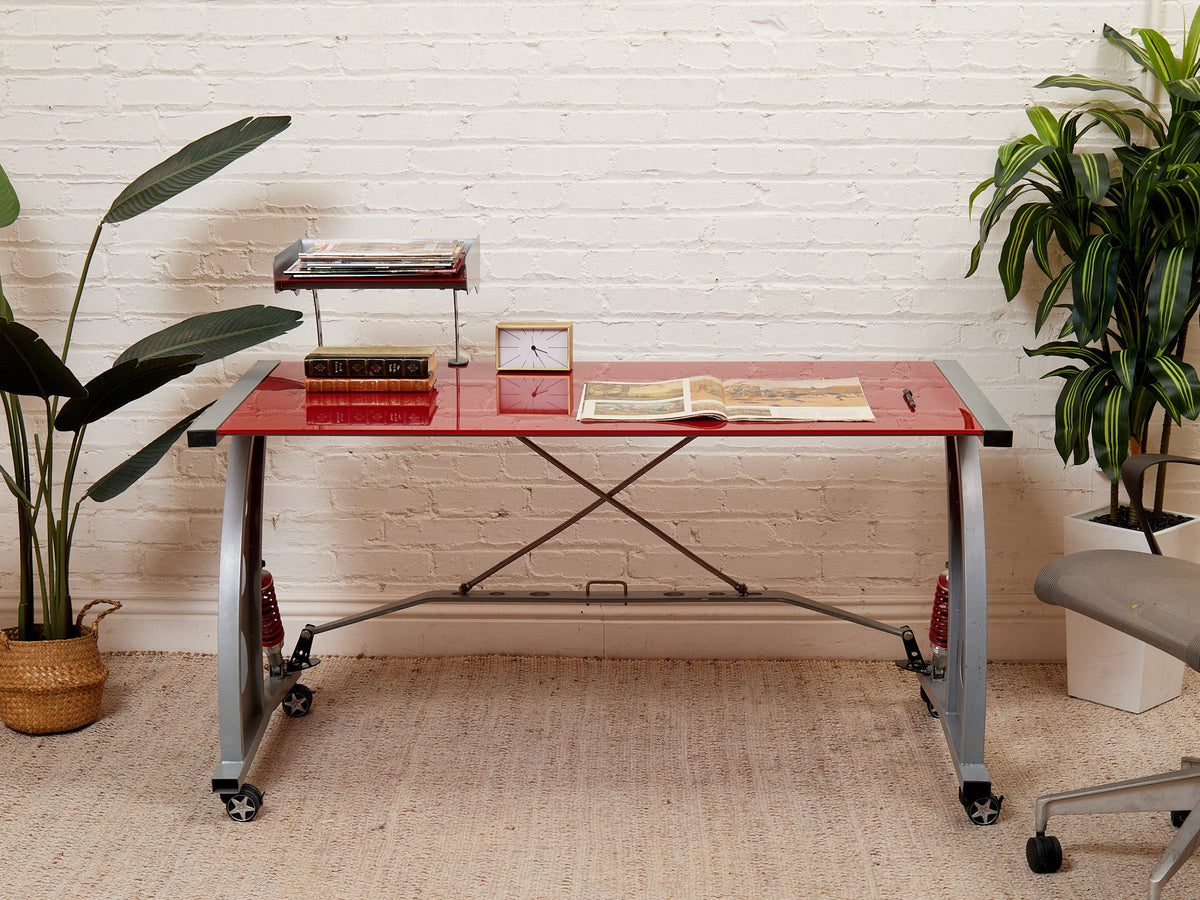 Postmodern Racing-Inspired Desk with Red Glass Top, Metal Frame and Wheels