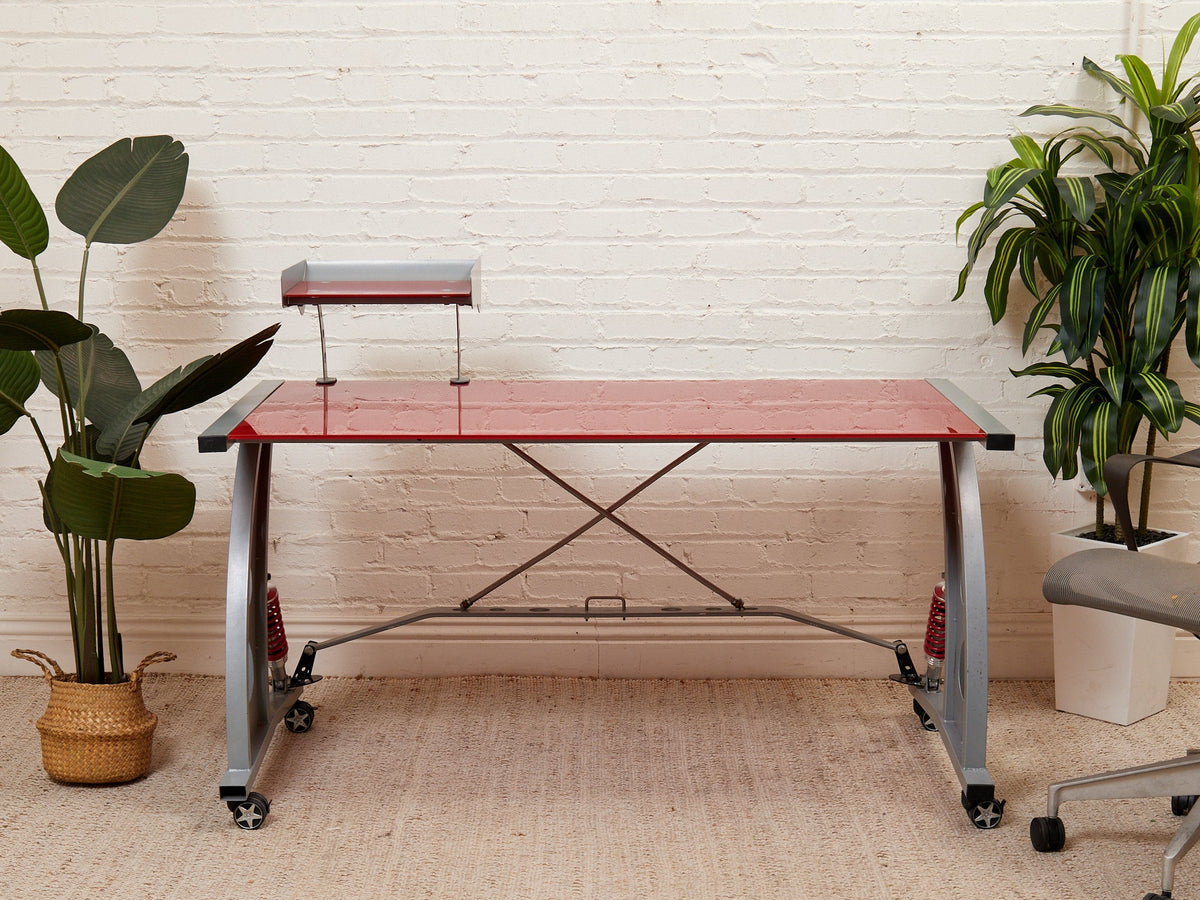 Postmodern Racing-Inspired Desk with Red Glass Top, Metal Frame and Wheels
