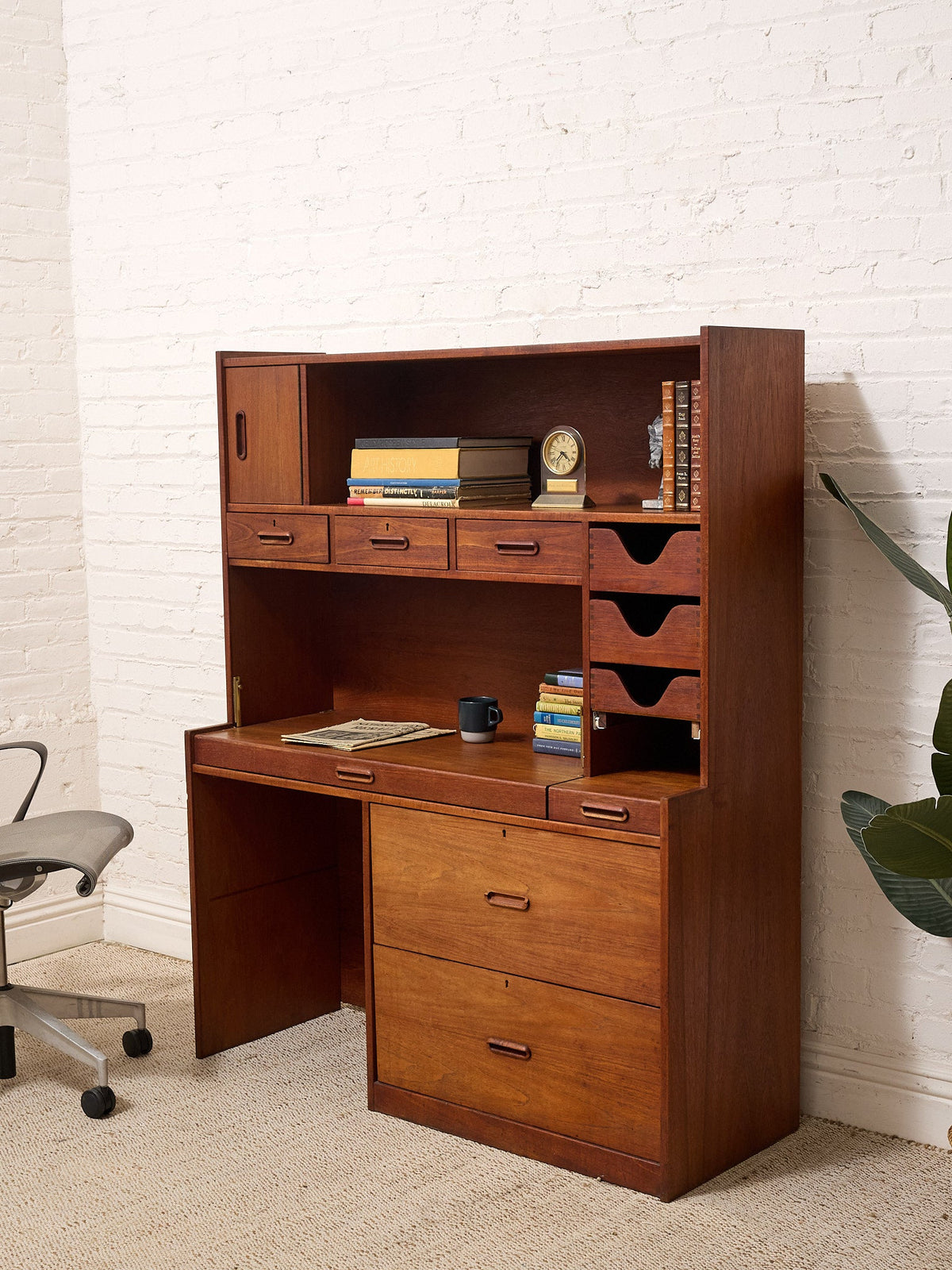 Vintage Mid-Century Modern Teak Secretary Desk with Fold-Down Writing Surface