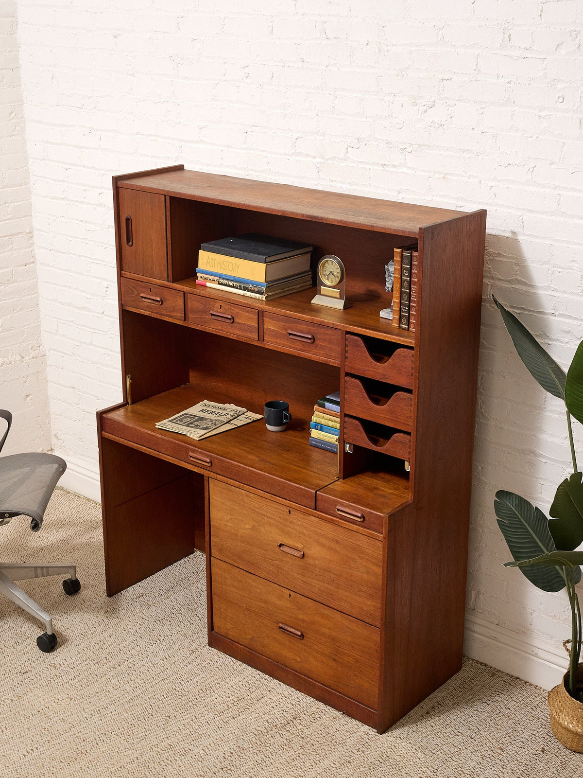 Vintage Mid-Century Modern Teak Secretary Desk with Fold-Down Writing Surface