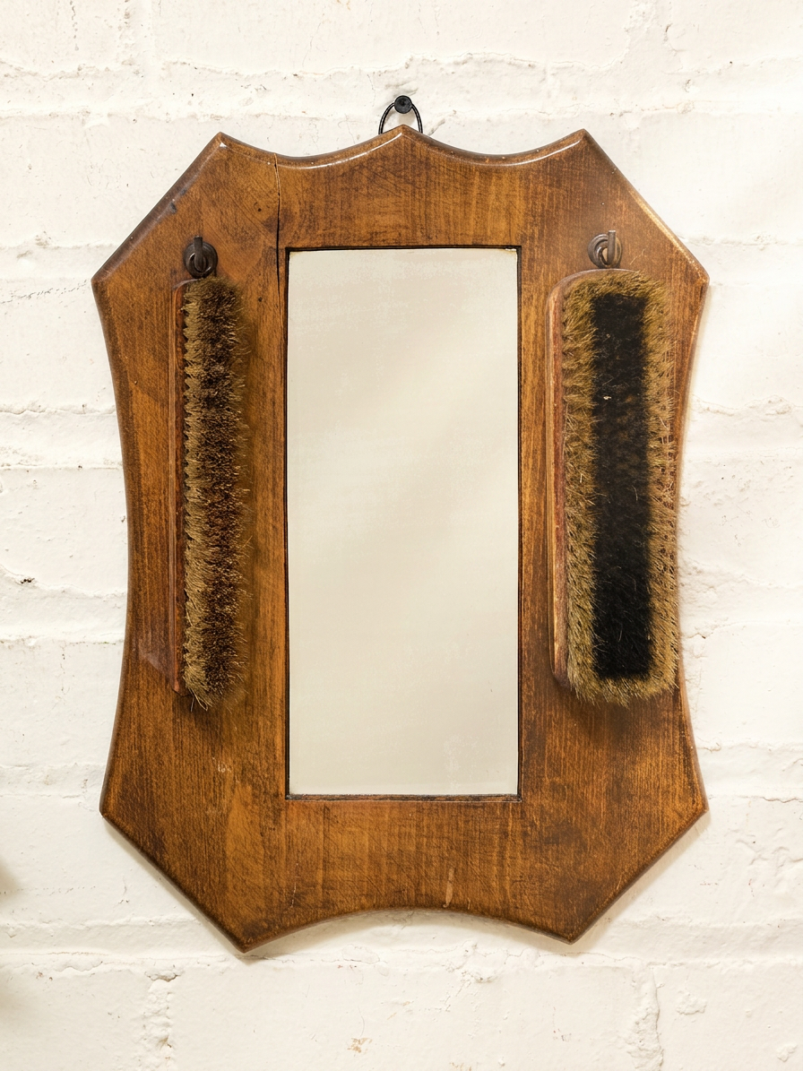 Antique Wood Shaving Mirror with Grooming Brushes