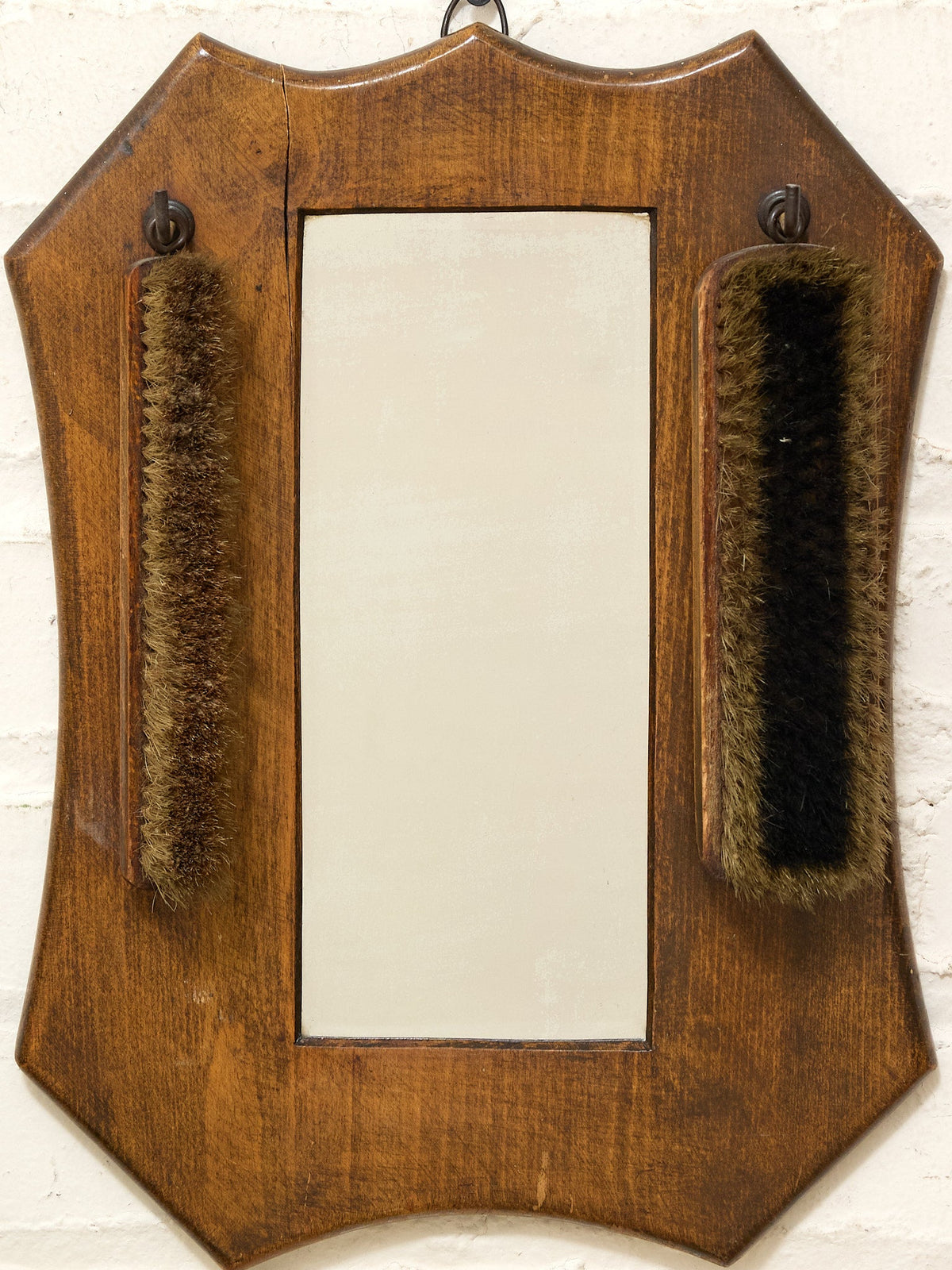 Antique Wood Shaving Mirror with Grooming Brushes