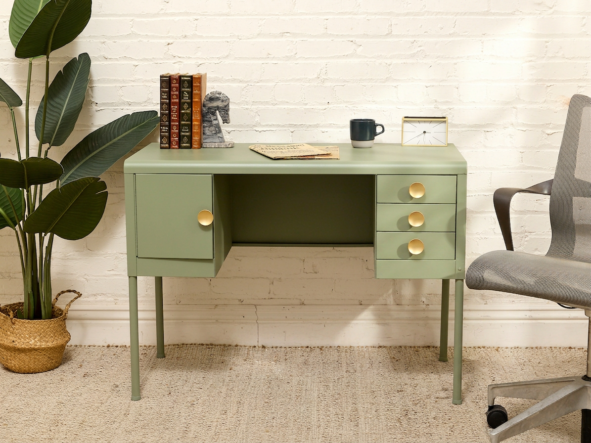 Vintage Deco Sage Green Writing Desk with Round Brass Pulls