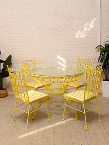 Arthur Umanoff Vintage Yellow Patio Dining Set with Glass Top Table and Four Chairs