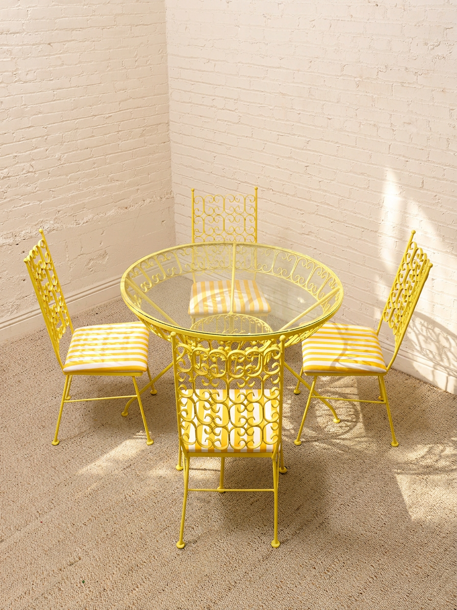 Arthur Umanoff Vintage Yellow Patio Dining Set with Glass Top Table and Four Chairs