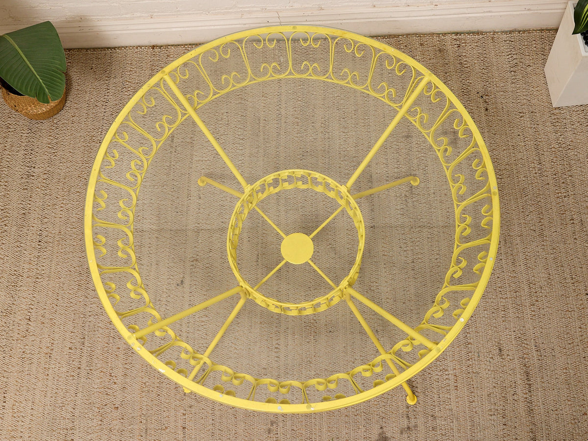 Arthur Umanoff Vintage Yellow Patio Dining Set with Glass Top Table and Four Chairs