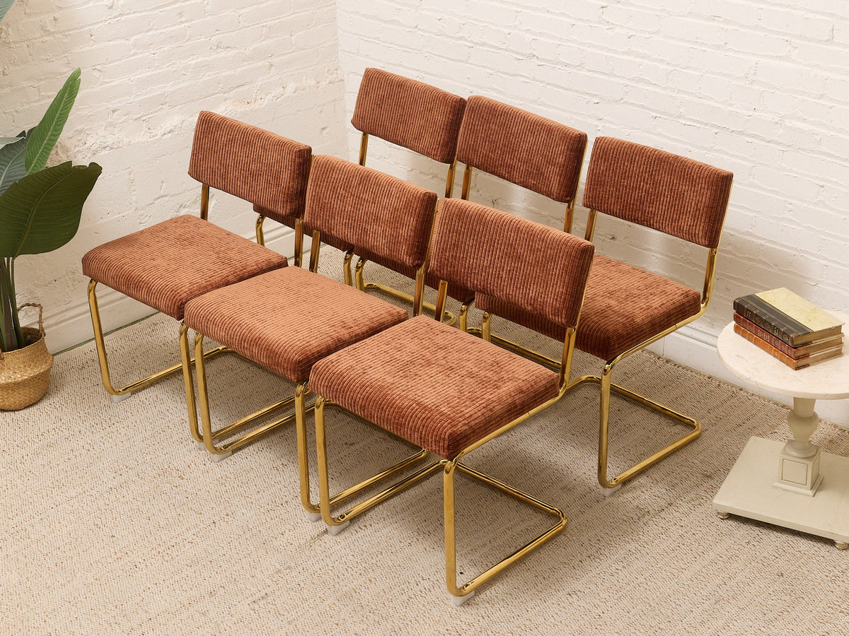 Modern Brass Cantilever Rust Corduroy Dining Chair