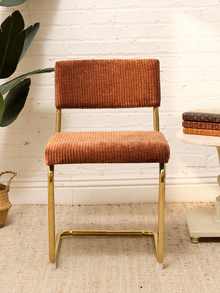 Modern Brass Cantilever Rust Corduroy Dining Chair