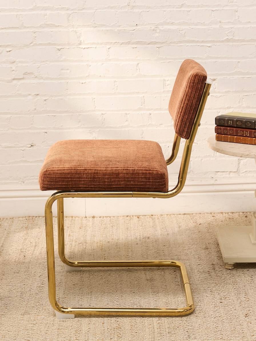 Modern Brass Cantilever Rust Corduroy Dining Chair