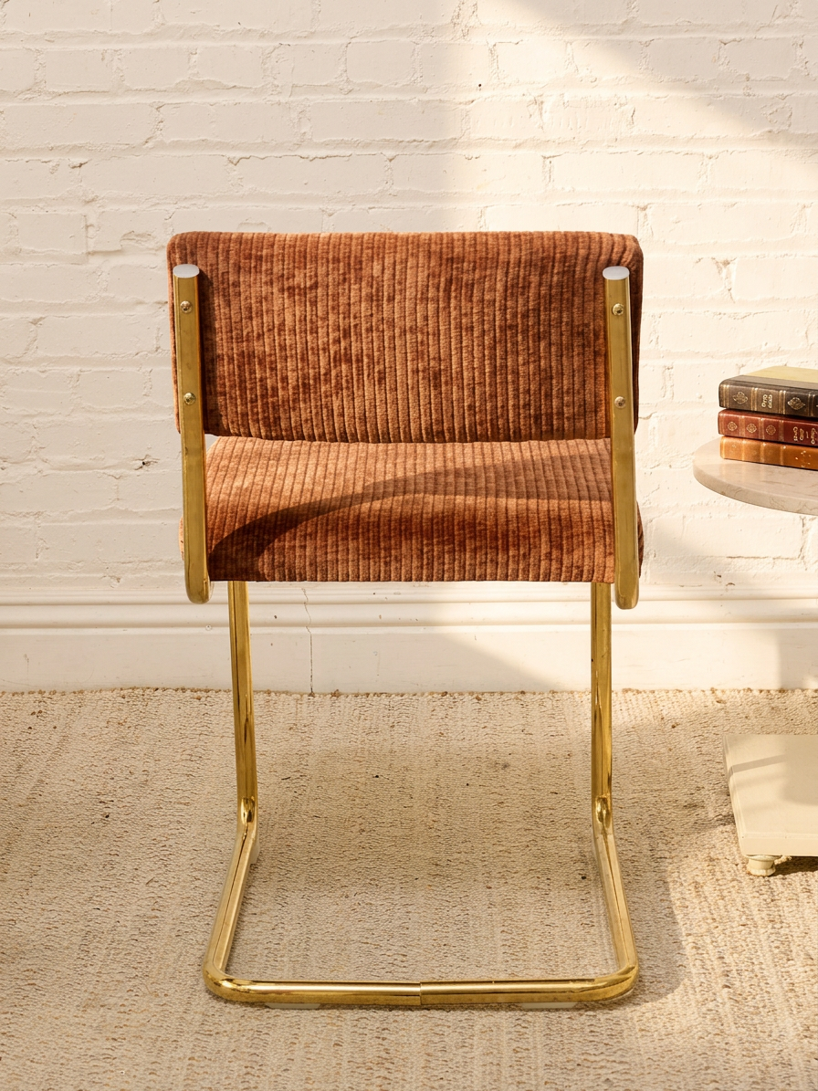 Modern Brass Cantilever Rust Corduroy Dining Chair