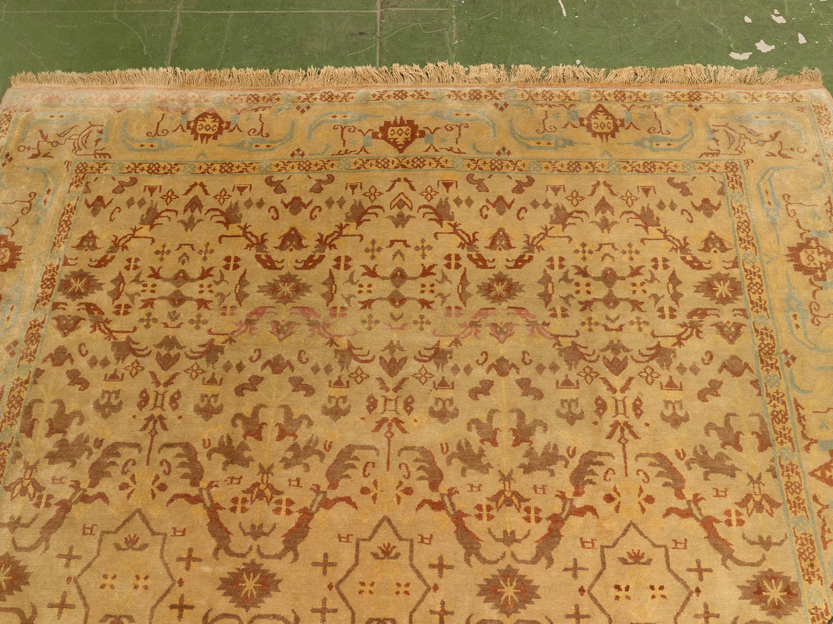 Vintage Hand-Knotted Silk Oushak-Style Area Rug in Ivory, Rust & Pale Blue
