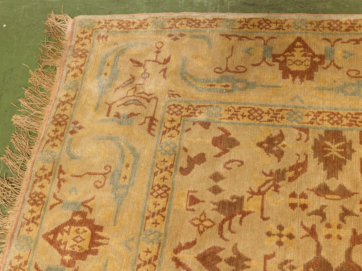 Vintage Hand-Knotted Silk Oushak-Style Area Rug in Ivory, Rust & Pale Blue