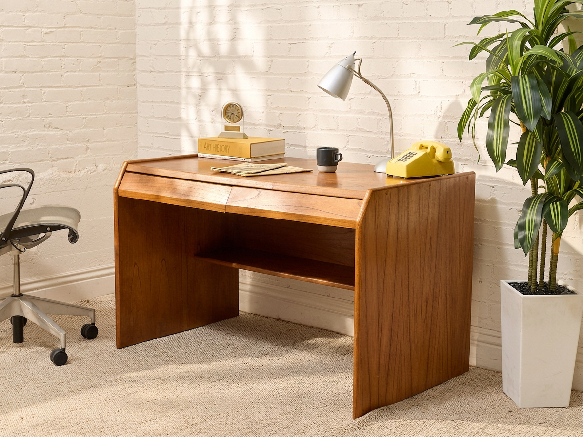 Vintage Mid-Century Modern Wood Writing Desk with Drawers