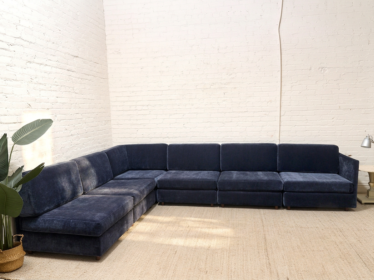 Vintage Newly Upholstered Blue Modular Sectional Sofa