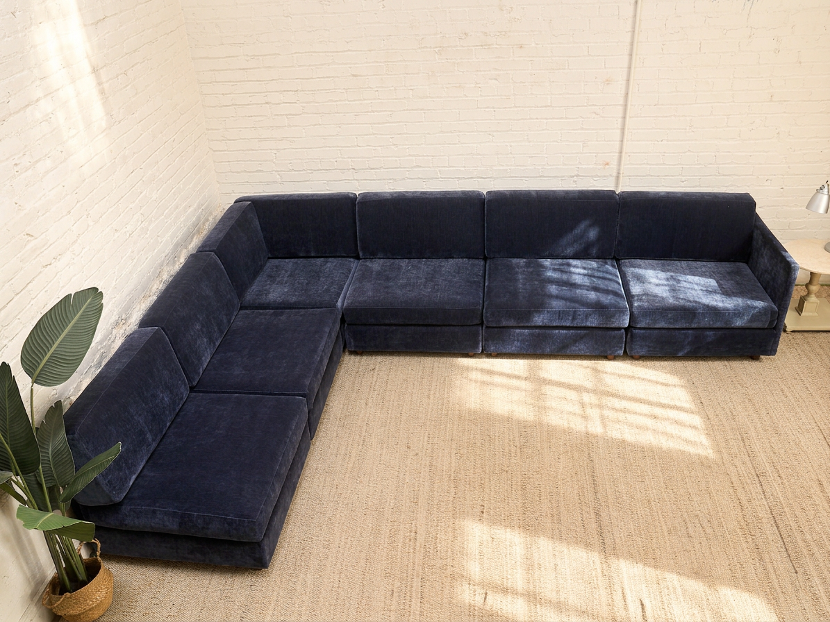 Vintage Newly Upholstered Blue Modular Sectional Sofa