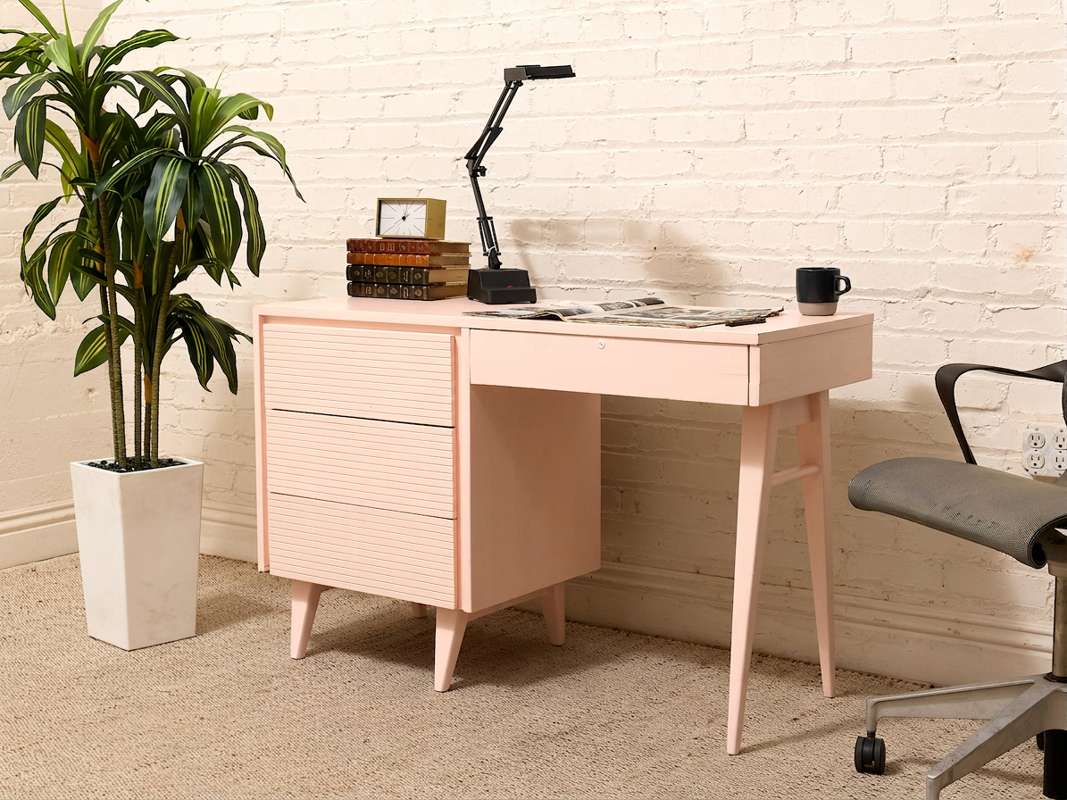 Vintage Coral Pink Slatted Four-Drawer Writing Desk