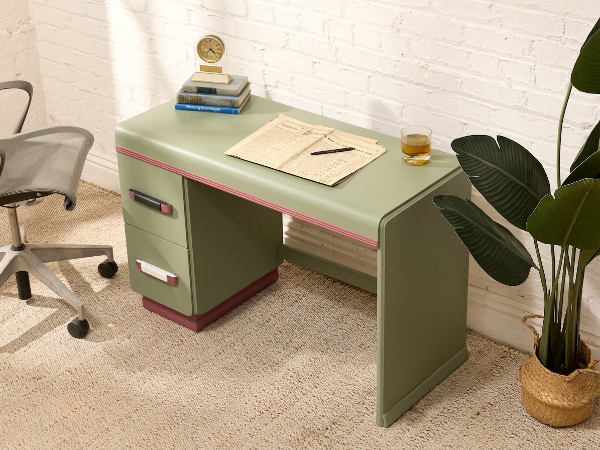 Vintage Mint Green Writing Desk with Wood-Tone Details