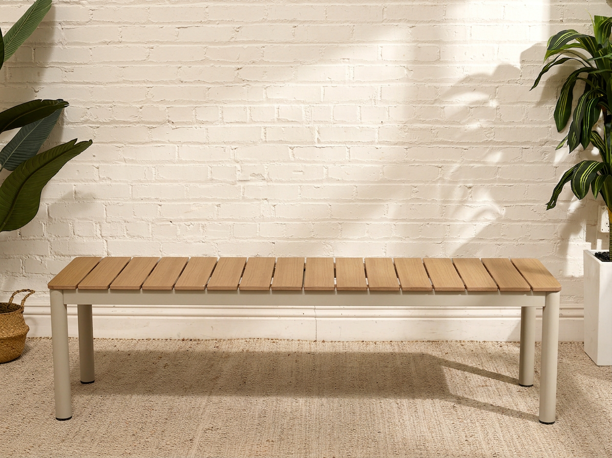 Modern Faux Teak Slatted Composite Outdoor Bench