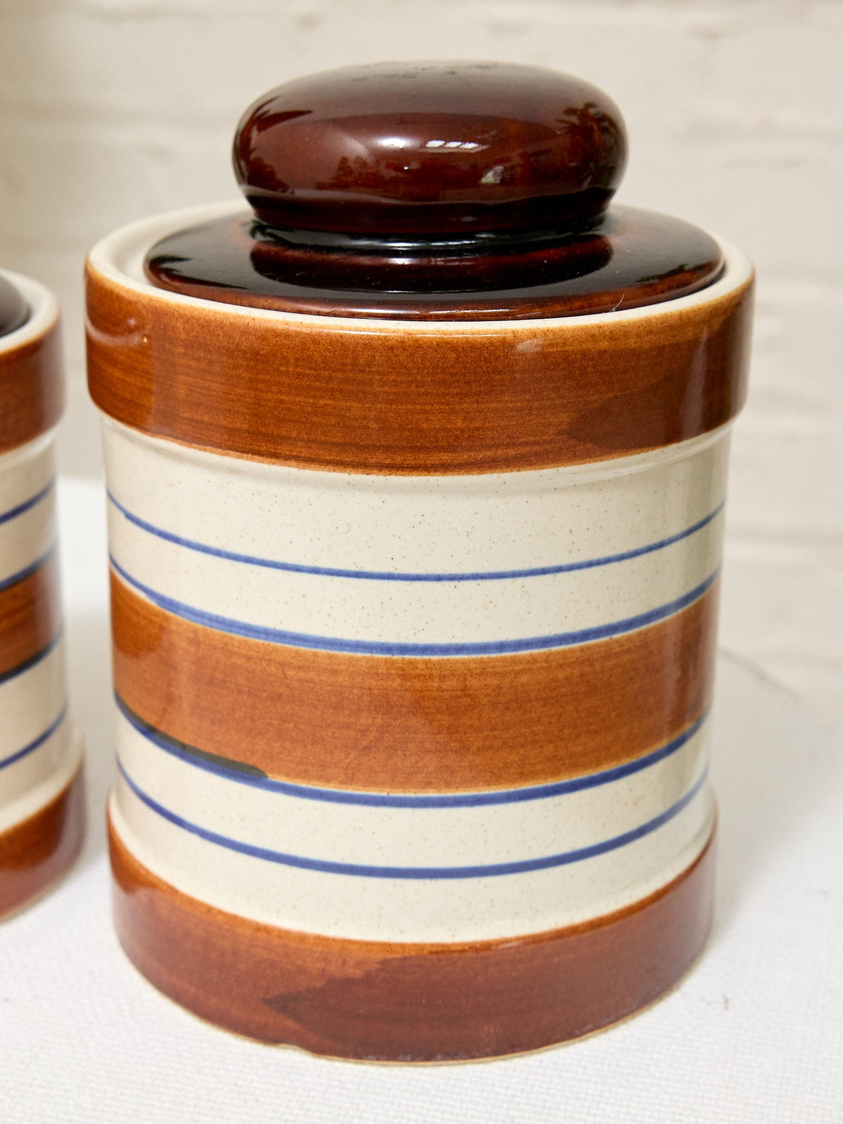 Vintage Striped Stoneware Canister Set with Lids