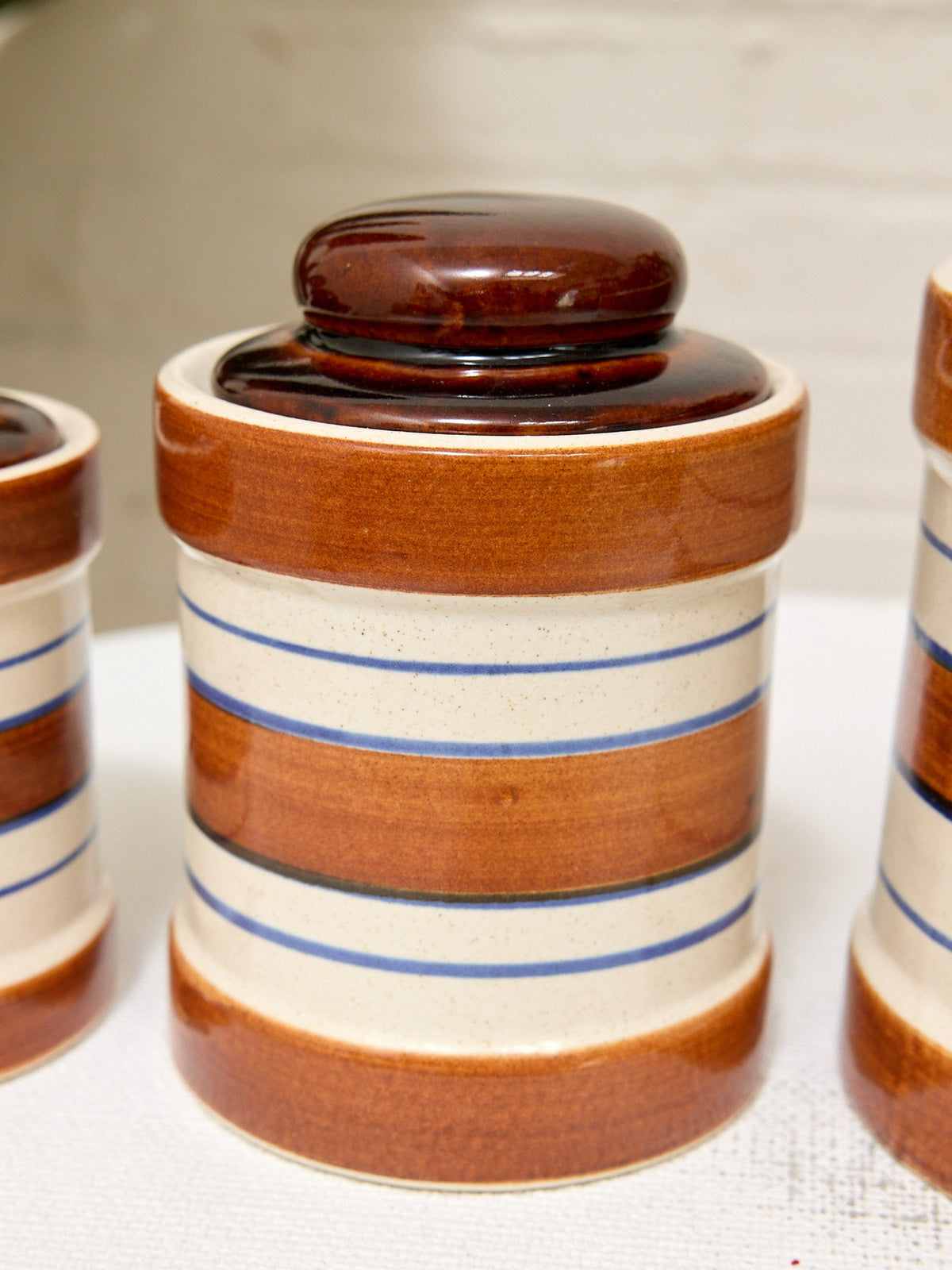 Vintage Striped Stoneware Canister Set with Lids