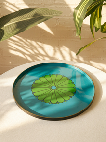 Vintage Large Blue & Green Mod Floral Serving Tray