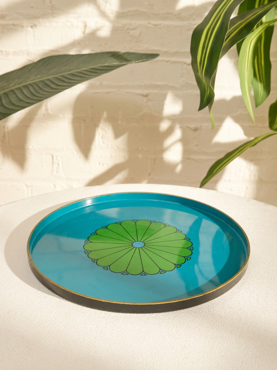 Vintage Medium Blue & Green Mod Floral Serving Tray
