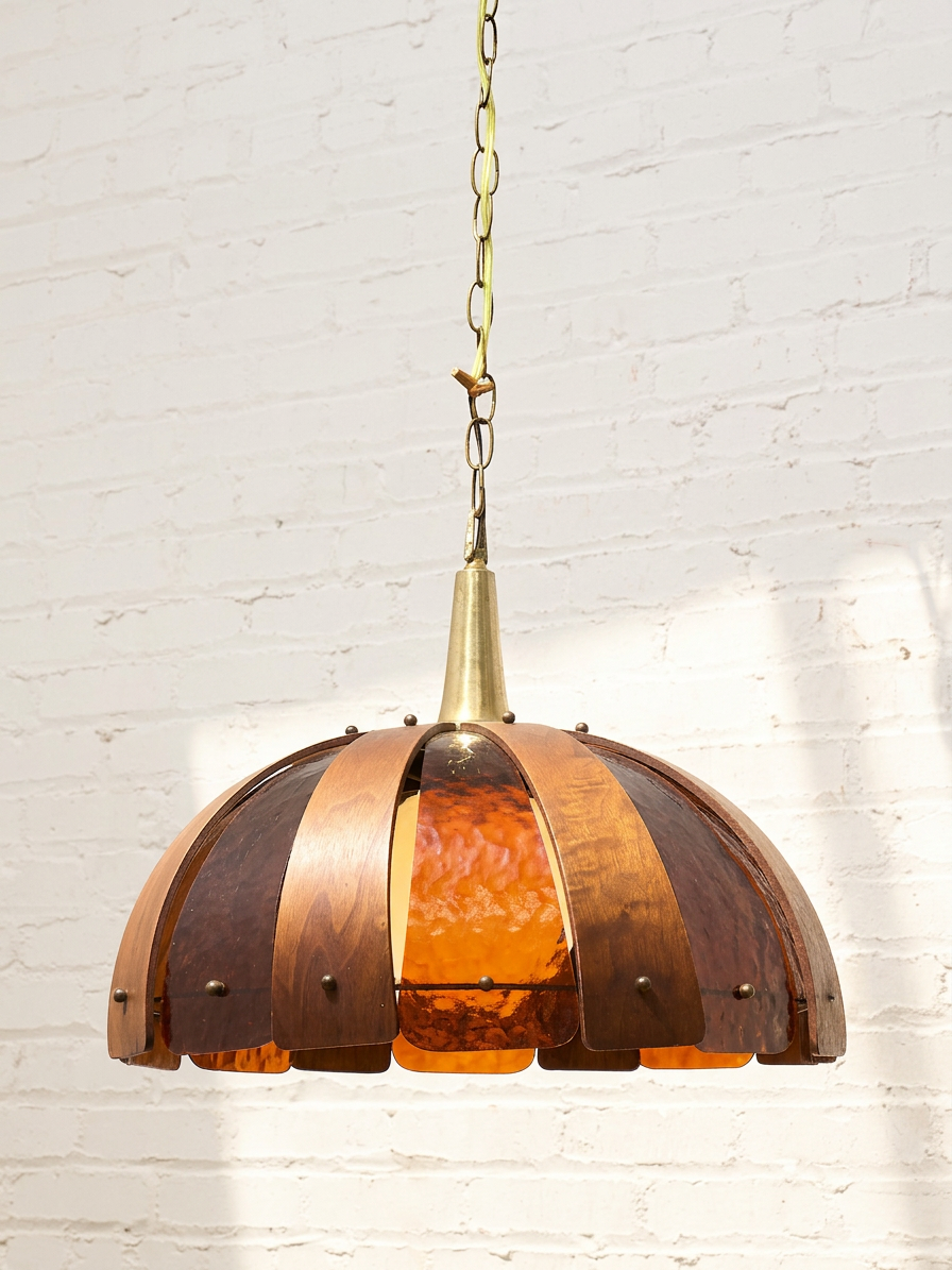 1970s Mid-Century Wood & Acrylic Panel Dome Hanging Lamp
