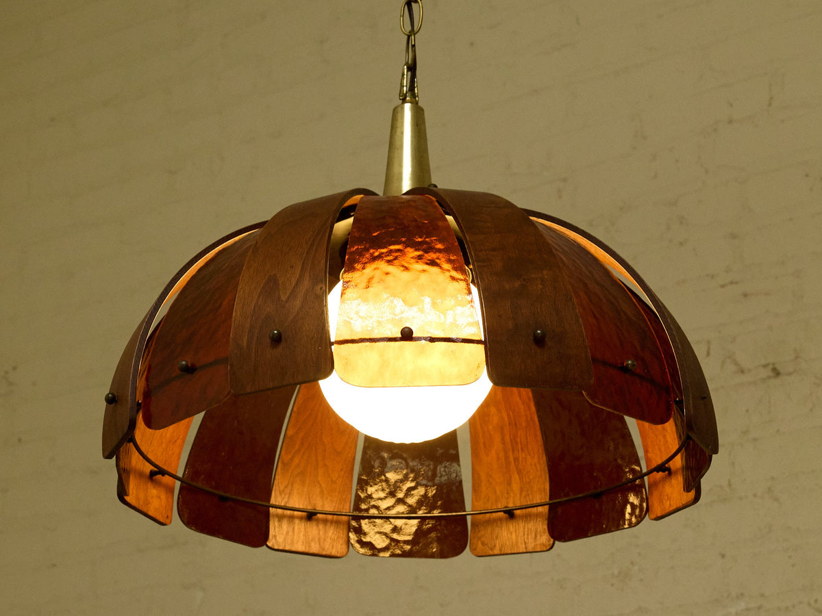 1970s Mid-Century Wood & Acrylic Panel Dome Hanging Lamp