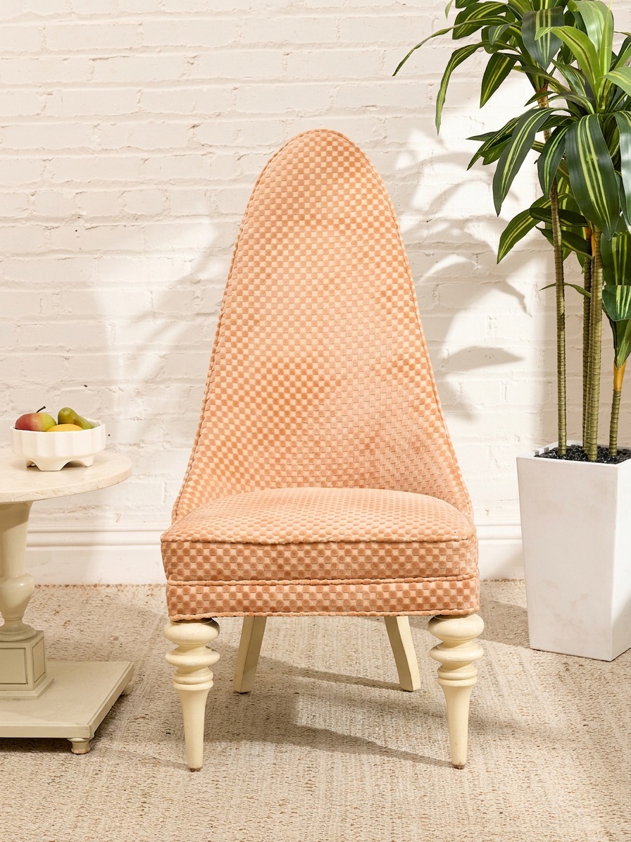 Peach Checkered Hollywood Regency Slipper Chair