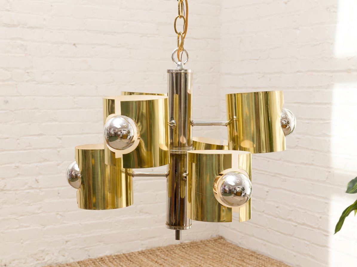 Vintage Brass & Chrome Multi-Light Space Age Chandelier