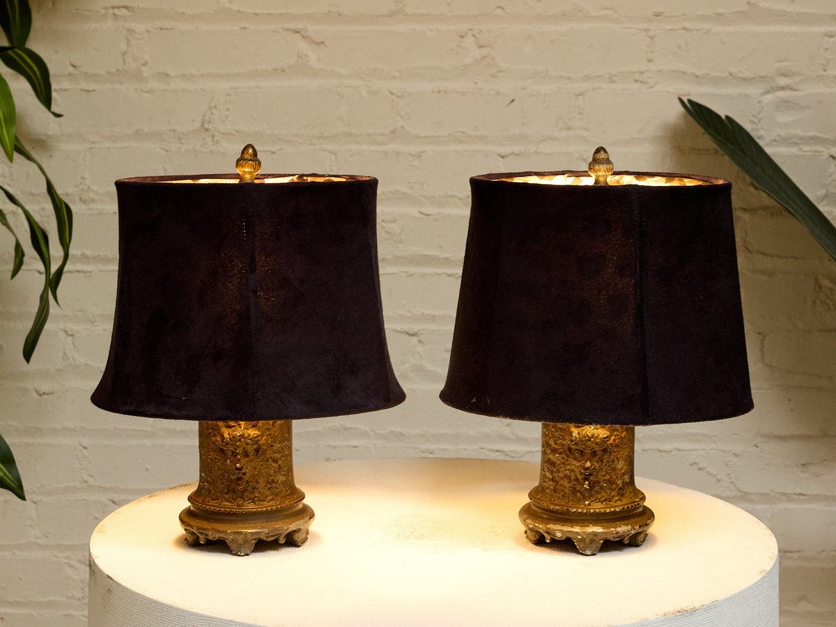 Pair of Vintage Ornate Table Lamps with Velvet Shades