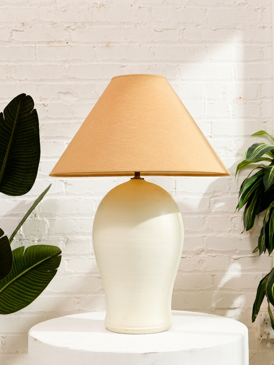 Vintage White Sculptural Table Lamp with Brown Shade