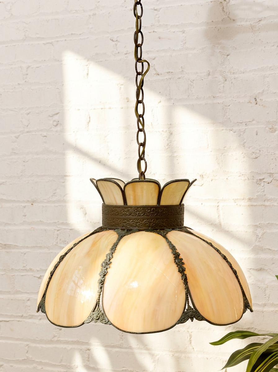 Vintage Slag Glass Floral Pendant Light