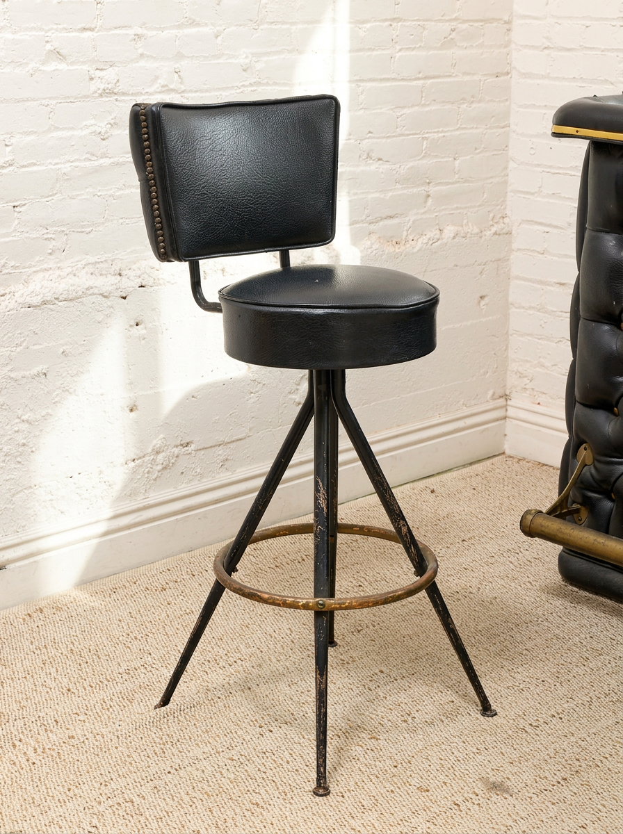 Vintage Tufted Black Bar with Three Swivel Bar Stools