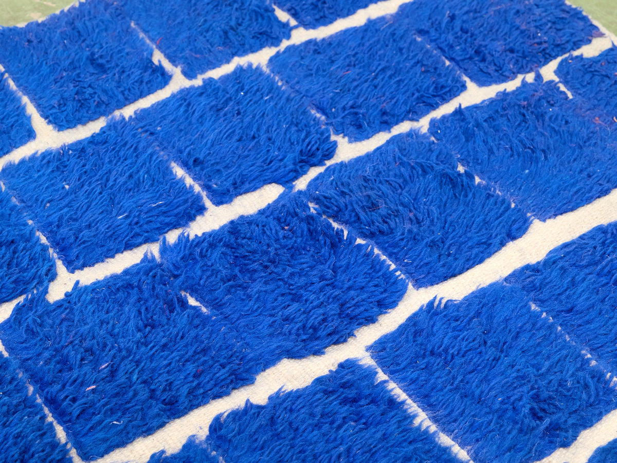 Vintage Cobalt Blue & White Geometric Shag Rug