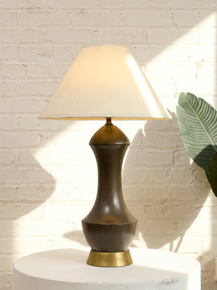 Vintage Sculptural Table Lamp with Brass Base & Linen Shade
